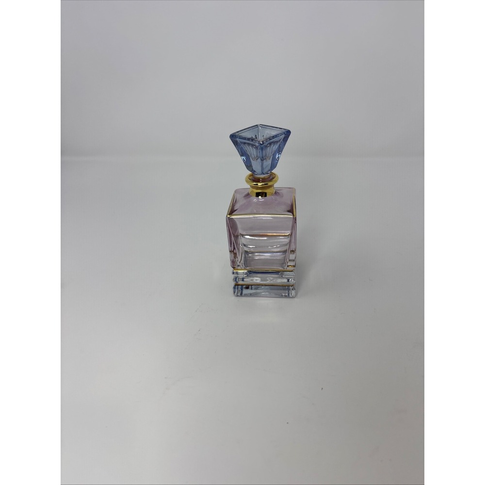Vintage Art Glass Perfume Bottle Purple Blue Gold Trim Square Stop Vanity Decor